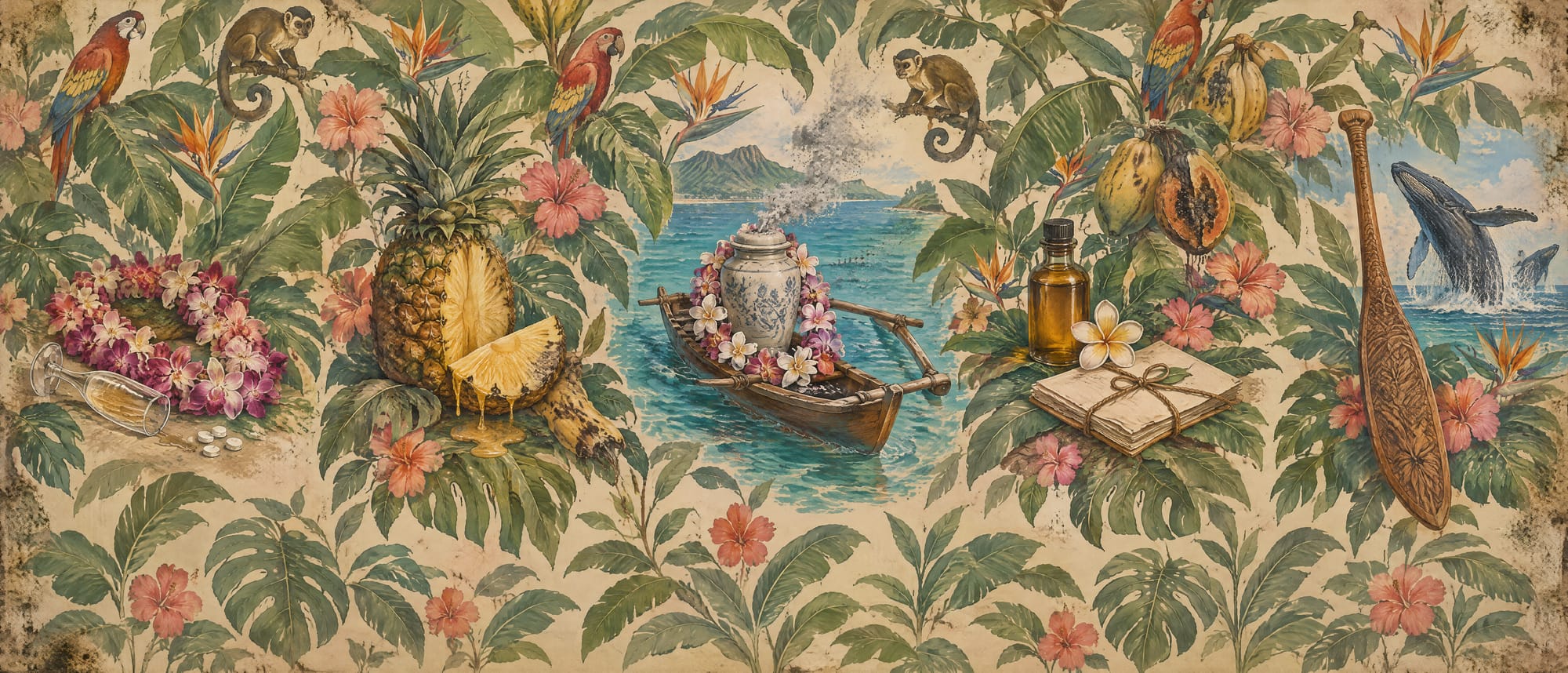 A painted vintage tropical wallpaper of monstera, hibiscus, parrots and monkeys, with fruit starting to rot. Woven into it: an orchid lei beside a tipped-over champagne flute and scattered pills, a sliced pineapple dripping juice, an urn wreathed in orchids in an outrigger boat with ashes drifting over the sea, a spa oil bottle beside a plumeria and a tied bundle of papers, and a carved canoe paddle with humpback whales breaching behind it.
