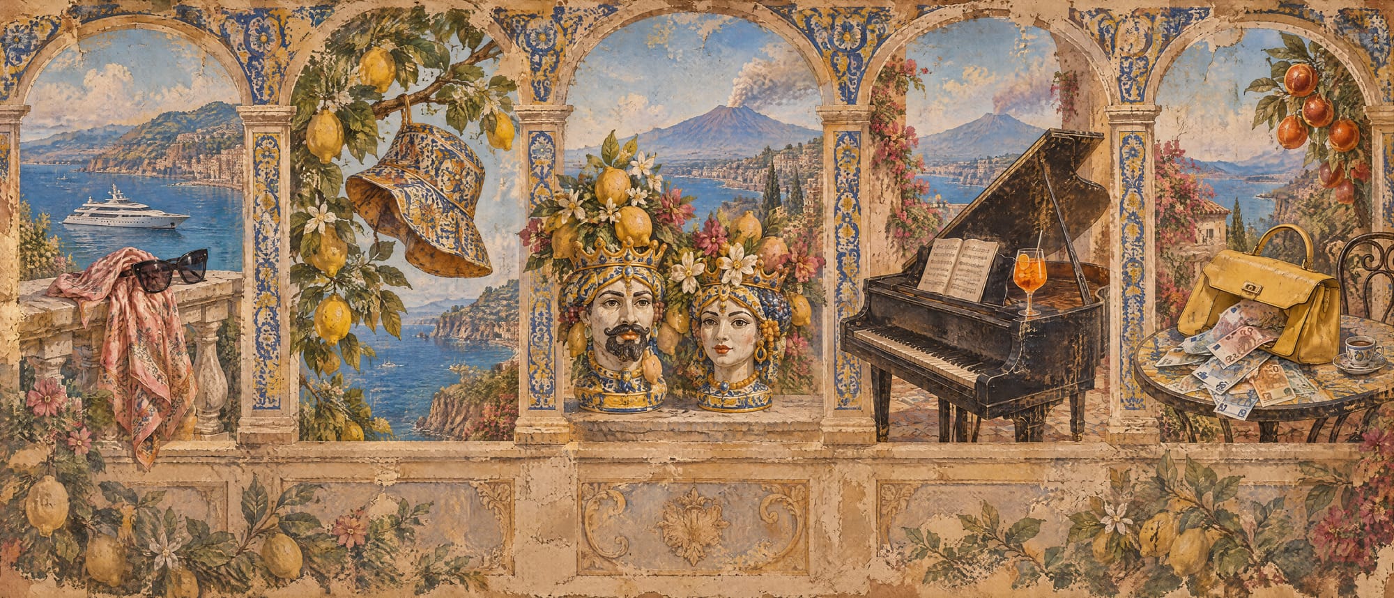 A faded Sicilian fresco of arches and majolica columns opening onto the bay of Taormina and a smoking Etna. In the arches: a pink silk headscarf and black sunglasses on a balustrade with a white yacht in the bay, a patterned bucket hat hanging from a lemon tree, a pair of crowned Teste di Moro head vases full of lemons, a black grand piano with a spritz on its lid, and a yellow handbag spilling euro notes across a café table.