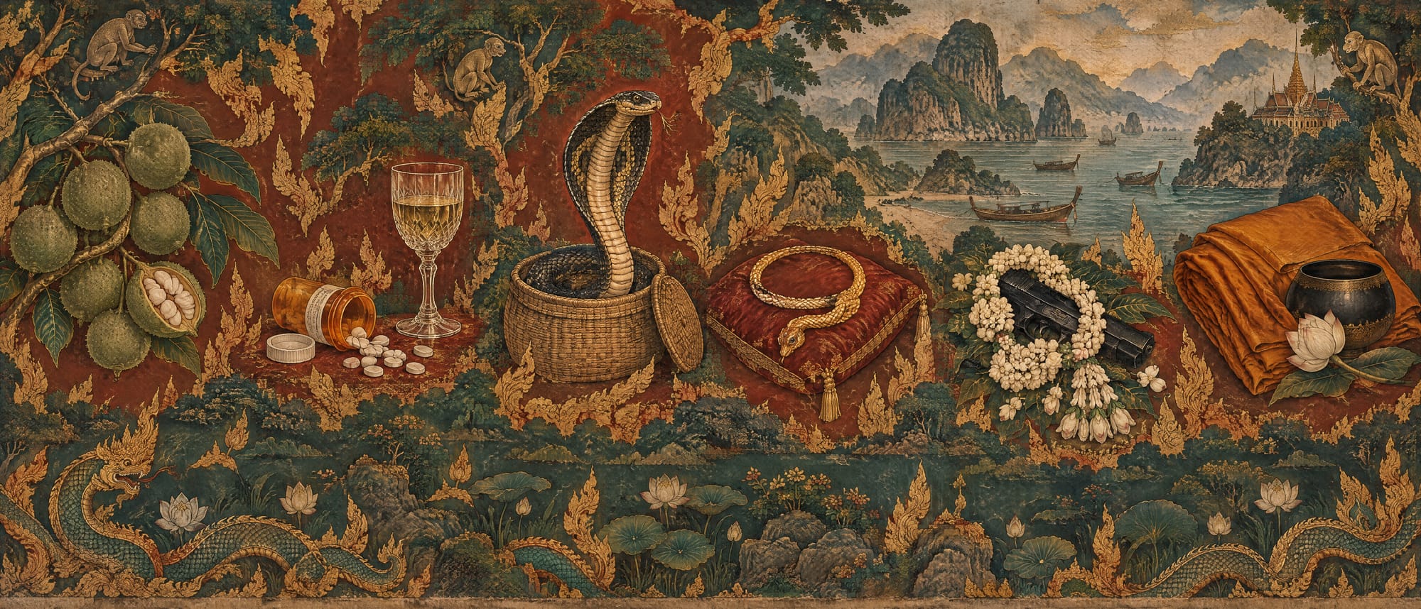 A Thai temple mural in gold leaf on red and jade grounds, with monkeys in the trees, a naga serpent along the bottom and limestone islands with longtail boats. Across it: a branch of green pong-pong fruits with one split open, an amber pill bottle spilling white pills beside a wine glass, a cobra rising from a basket, a gold snake necklace on a red cushion, a black pistol half-hidden in a jasmine garland, and a folded saffron robe beside an alms bowl and a lotus.