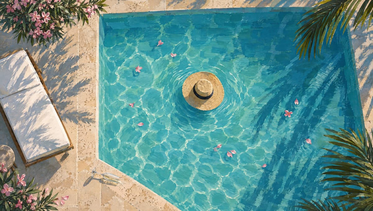 A painted hotel pool at dawn seen from above: a straw sunhat floating alone, an overturned glass on the edge, oleander petals on the water.