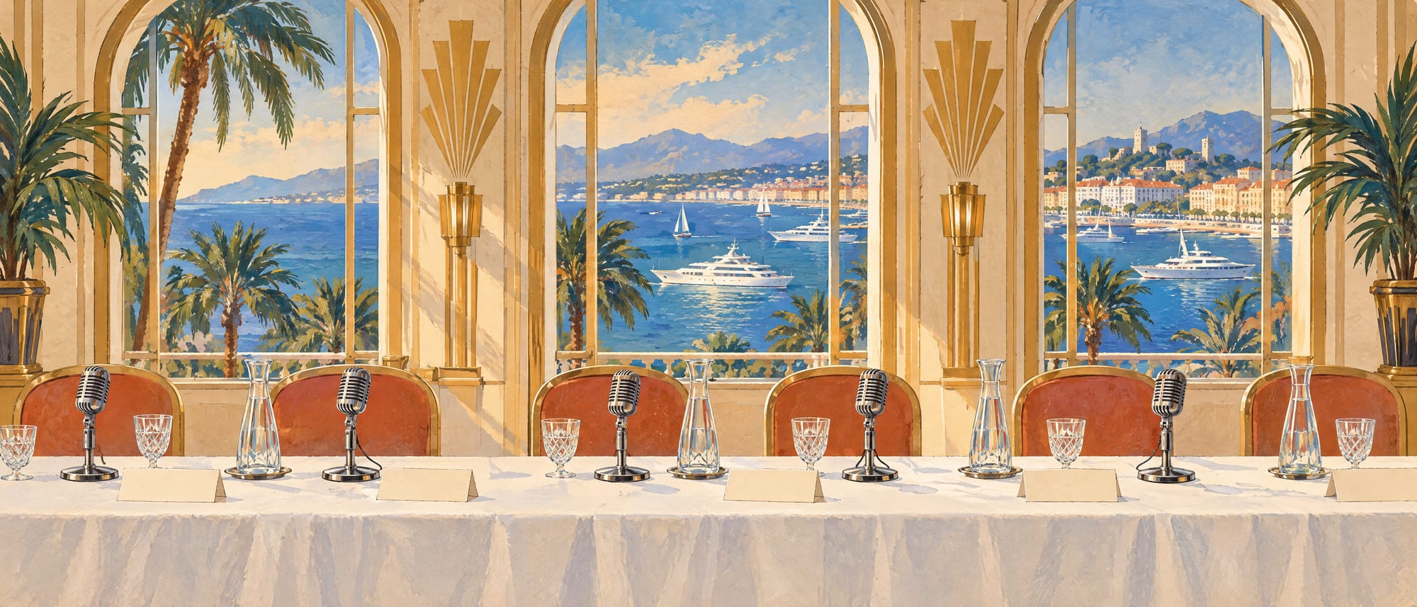 A painted press-conference table in an art deco salon in Cannes: microphones, carafes and blank place cards before tall windows onto the sea