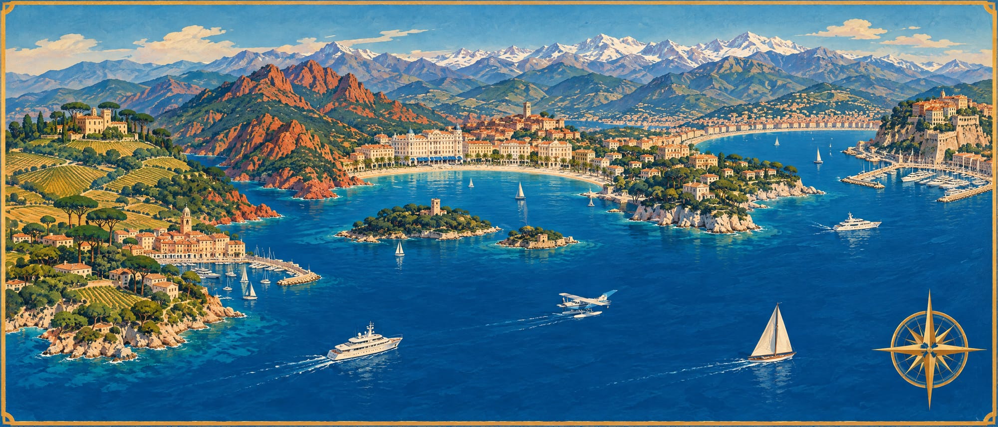 A painted map of the Côte d’Azur seen from the sea: the Saint-Tropez peninsula with a hilltop château, the red Esterel rocks, the bay of Cannes with its grand hotels and the Lérins islands, Cap d’Antibes, and Monaco on its rock