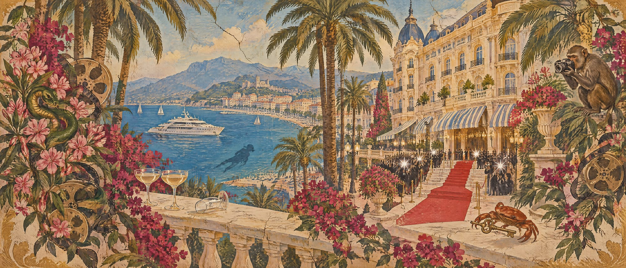 A painted panorama of the Riviera during the film festival: palms, oleander, a yacht on the bay, a palace hotel, a red carpet and crowds of photographers — and, hidden in the pattern, a snake, a crab carrying a room key, a monkey with a camera, an overturned glass and a shadow in the water.