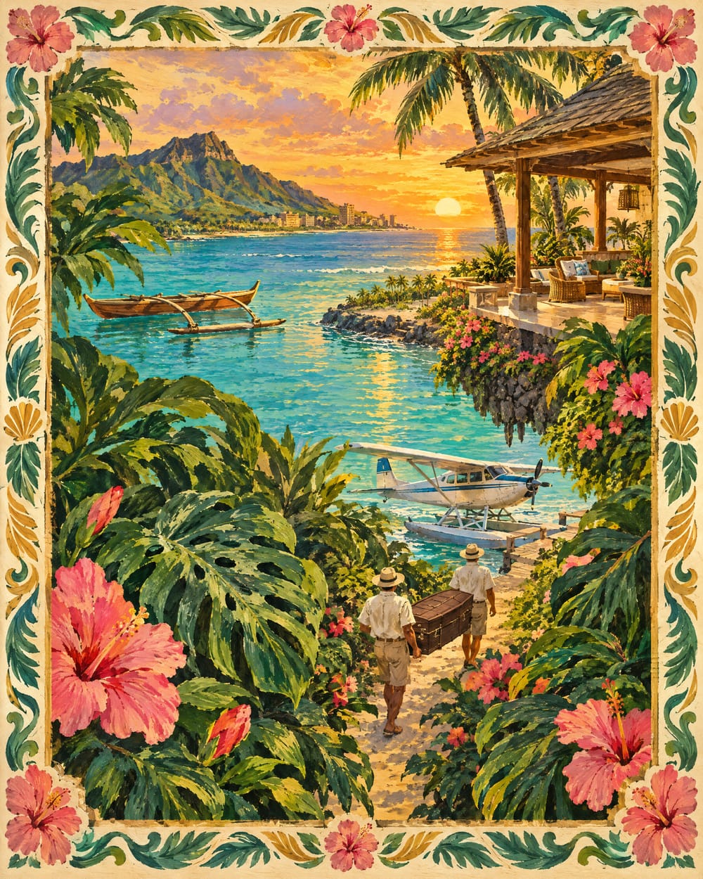 A painted Hawaiian coast at golden hour; two figures carry a crate toward a seaplane.