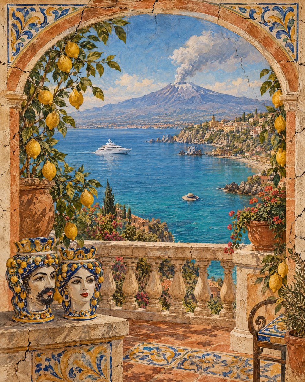 A painted Sicilian terrace with lemon trees above a bay; Etna smokes in the distance; a hat floats on the sea.