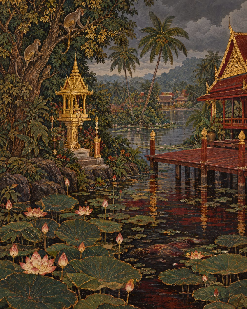 A painted Thai temple-mural lotus pond with monkeys and a spirit house; something floats among the leaves.