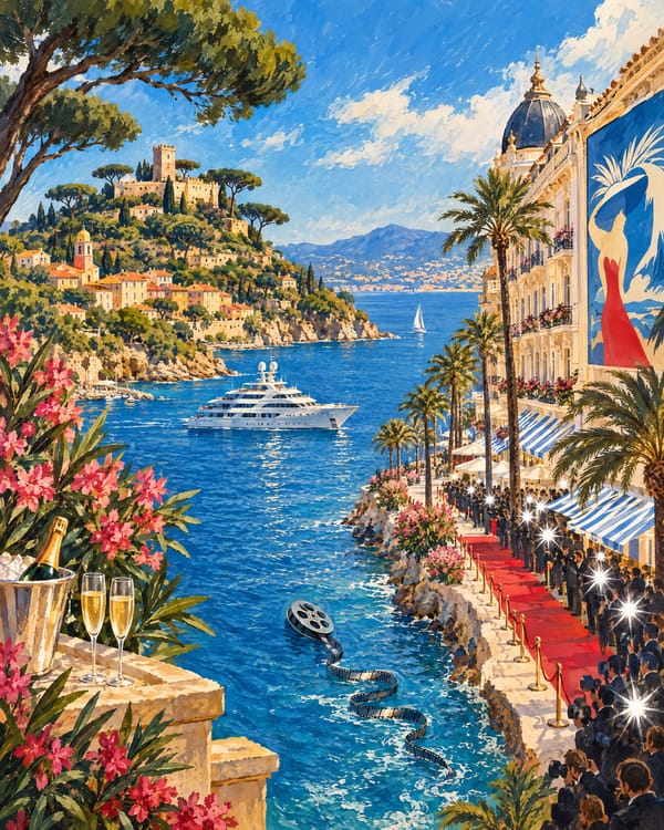 A painted Riviera: a hilltop château, a yacht, a red carpet on the Croisette and a film reel unspooling into the sea.