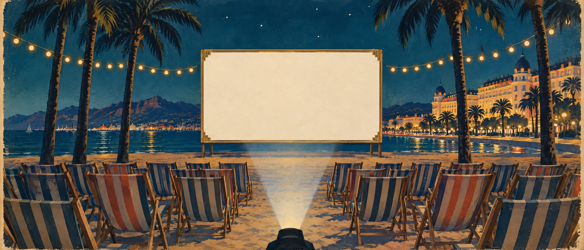 A painted open-air cinema on the beach at Cannes at night: striped deck chairs on the sand, palms, string lights and a blank screen before the sea